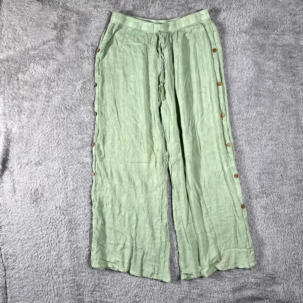 Kiwi & Punch Pants Women Large Green Rayon Button Side Wide Leg Drawstring Waist